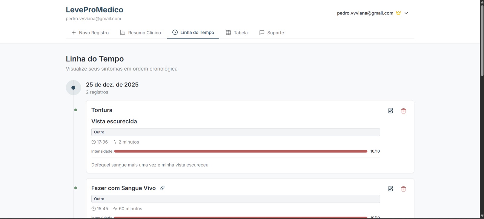 Tela do sistema mostrando a visualização em Linha do Tempo com eventos organizados cronologicamente